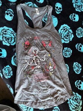 Netflix Gray Stranger Things Graphic Racerback Tank with Red and Yellow Accents